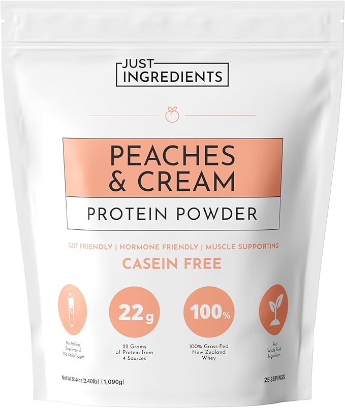 JUST INGREDIENTS Peaches & Cream Protein Powder – 25-Serving Blend with 100% Grass-Fed Whey & Organic Plant Proteins – Real Peach Flavor – Supports Muscle Recovery, Energy*