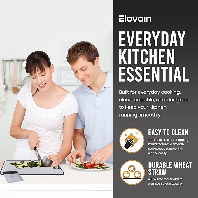 Dual-Sided Stainless Steel Cutting Board with Knife Sharpener – Multi-Use, Hygienic Prep for Daily Kitchen Use – Non-Slip, Dishwasher Safe, Includes Scraper & Finger Guard – 3-Pc Set