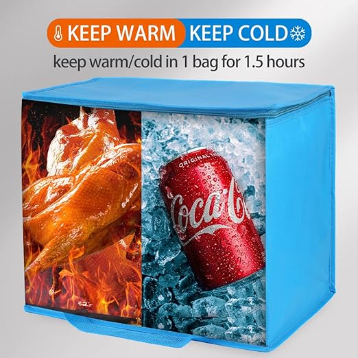 4-Pack Insulated Reusable Grocery Shopping Bag, X-Large Frozen Food Cold, Bodaon Cooler Bags with Zippered Top, Insulated Food Delivery Bag, Blue
