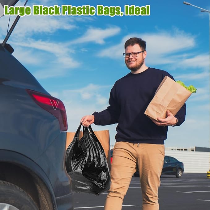 400 Count Black Plastic Bags with Handles Large T Shirts Grocery Shopping Bags Bulk 25.5" X 15.7", 35 Mic Heavy Duty