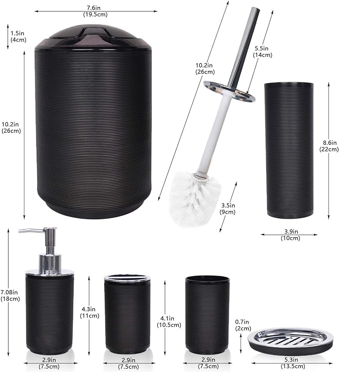 CERBIOR Bathroom Accessories Set 6 Piece Bath Ensemble Includes Soap Dispenser, Toothbrush Holder, Toothbrush Cup, Soap Dish for Decorative Countertop and Housewarming Gift, Black
