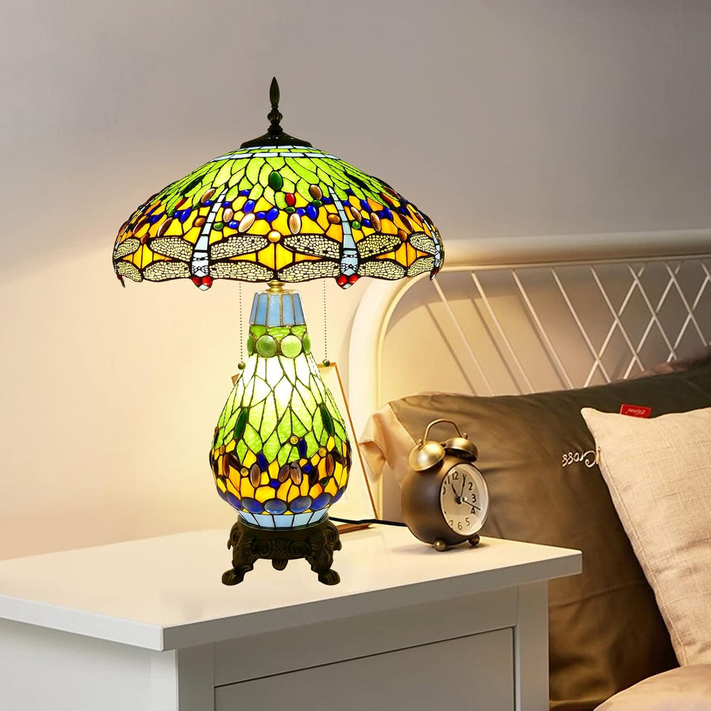 Tiffany Style Table Lamp Green Dragonfly Tiffany Lamp Handmade Stained Glass Lamp 18x18x27 Inches Desk Reading Light for Bedroom Living Room Home Office Decoration, LED Bulb Included