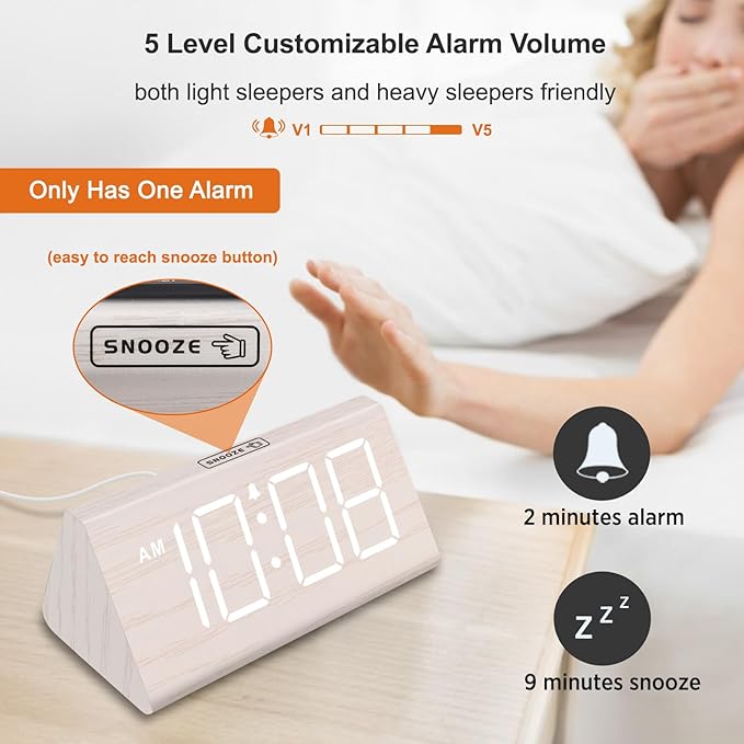 DreamSky Wooden Digital Alarm Clock for Bedroom - Living Room Desk Clock with Large Numbers, Bedside Nightstand Clock with USB Port, Adjustable Volume, Dimmer, DST, Office Wood Décor, Adapter Powered