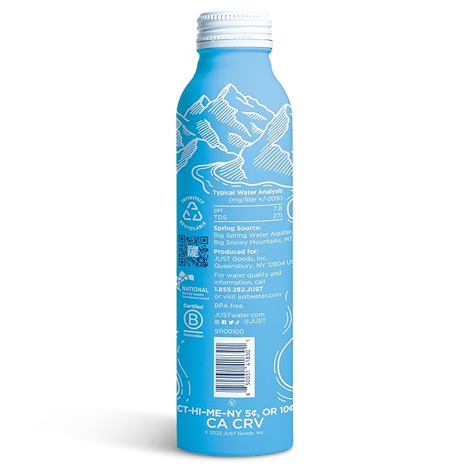 JUST Water, Premium Pure Still Spring Water in an infinitely recyclable aluminum bottle- Naturally Alkaline, High 8.0 pH - Fully Recyclable canned water, 16 Fl Oz (Pack of 12)