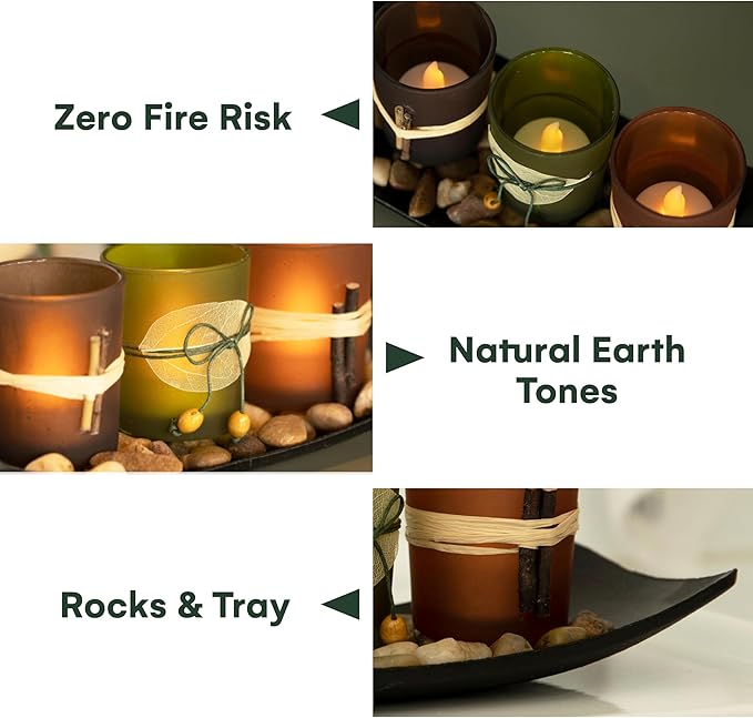 Dawhud Direct Decorative Votive Candle Holders, Vintage Decor Flameless Candlescape Set, 3 LED Tea Light Candles, Rocks and Tray - Fall Table Decor (Earth Tones)
