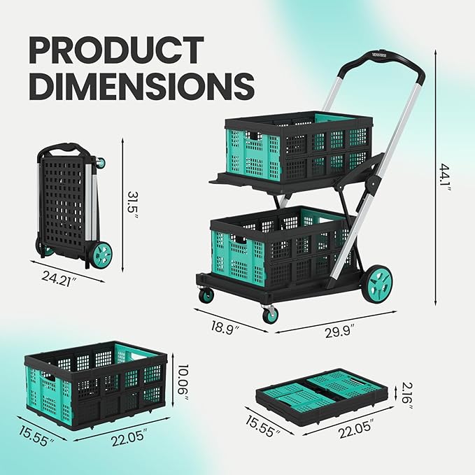 Collapsible Shopping Cart with Wheels,8-in-1 Grocery Cart on Wheels with 2 Storage Crate, Foldable Shopping Carts for Grocery 200 LBS Capacity, Platform Hand Truck with Foot Brake, Blue