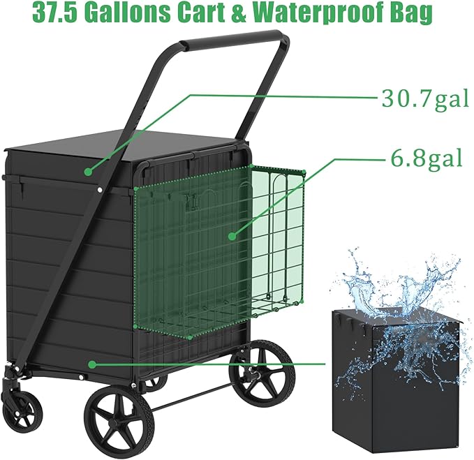 Heavy Duty Folding Shopping Cart with 360° Swivel Wheels, Waterproof Bag, Jumbo Utility Carts for Grocery, Laundry, Holds Up to 440 LBS, 37.5 Gallon