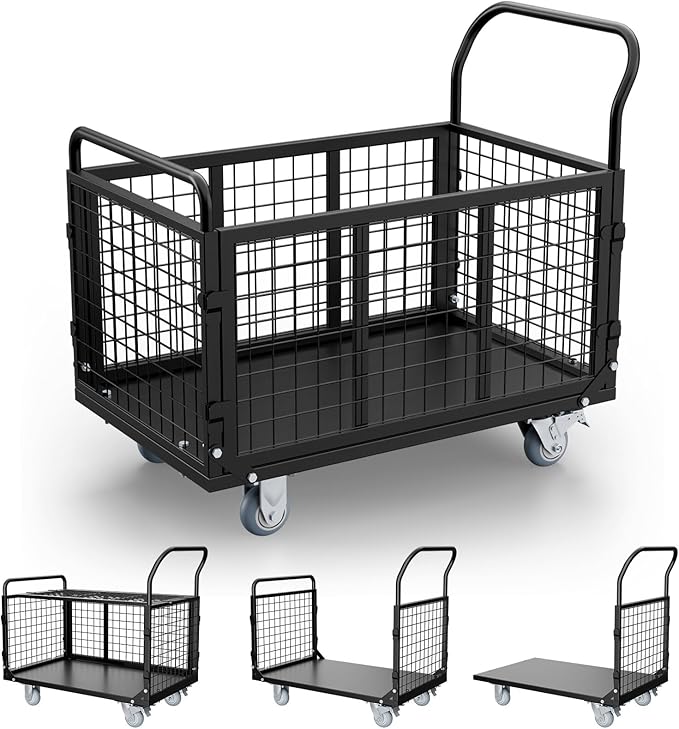 Platform Truck Cart with Cage, 5 in 1 Foldable Heavy Duty Platform Cart, 2500 LBS Capacity Heavy Duty Push Cart with 4 Casters for Grocery, Laundry, Warehouse, Pantry