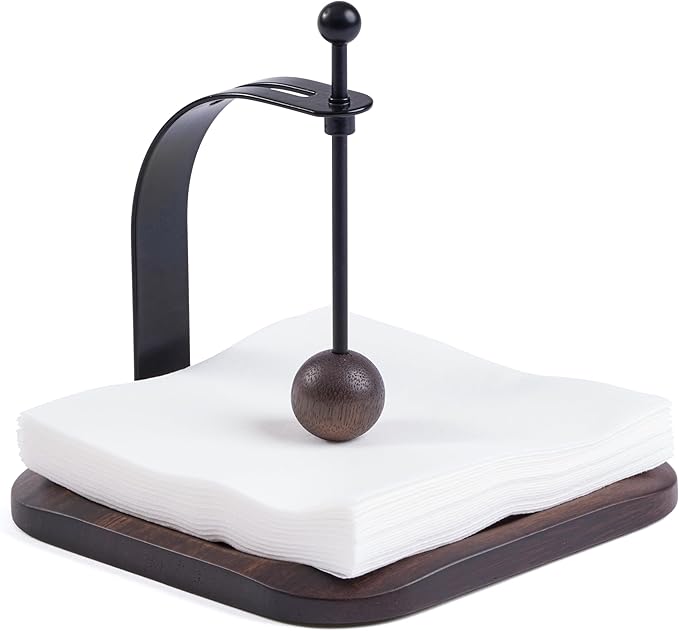 Napkin Holder - Windproof Design with Gravity Ball, Multifunctional Tissue Tower & Serving Tray for Outdoor/Indoor, Fits 6.5"-7" Napkins & Toilet Paper Rolls Warm Gift Idea (Rain Tree Wood)