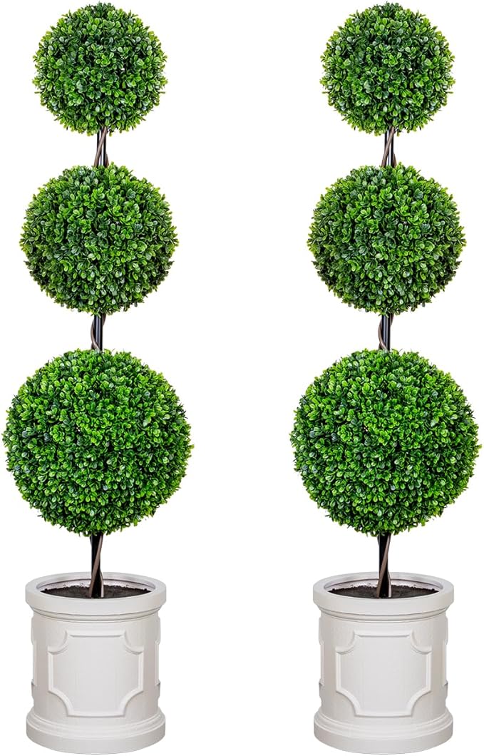 3FT Artificial Triple Ball Topiary Trees with Roman Style Vintage White Planter Pot, Outdoor Indoor Realistic Faux Shrubs Plants, Fake Trees for Home Offices Porch Decor, Set of 2