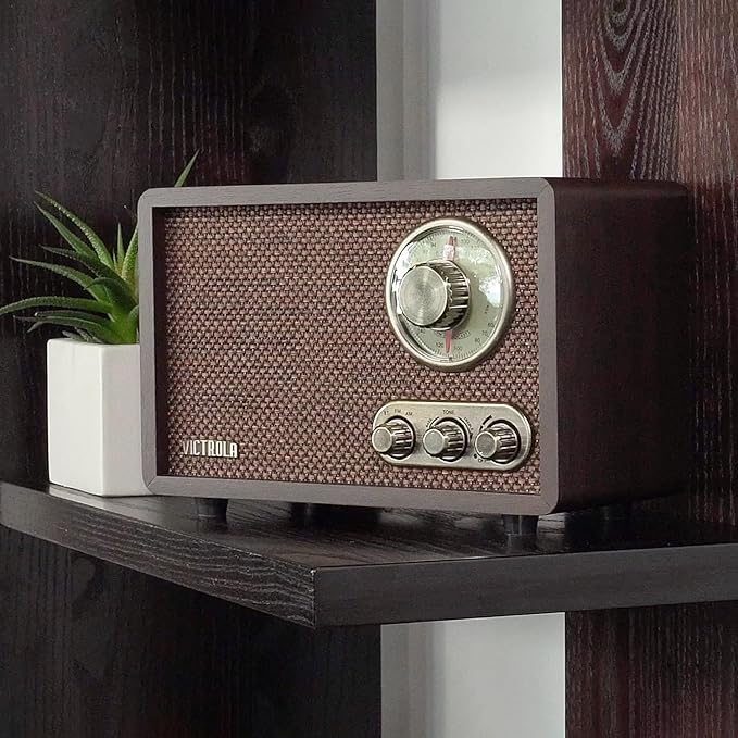 Victrola Willow – Retro Wood Bluetooth Radio with Built-in Speakers: Elegant & Vintage Design, Rotary AM/FM Tuning Dial, Bass & Treble Control, Wireless Streaming (Espresso)