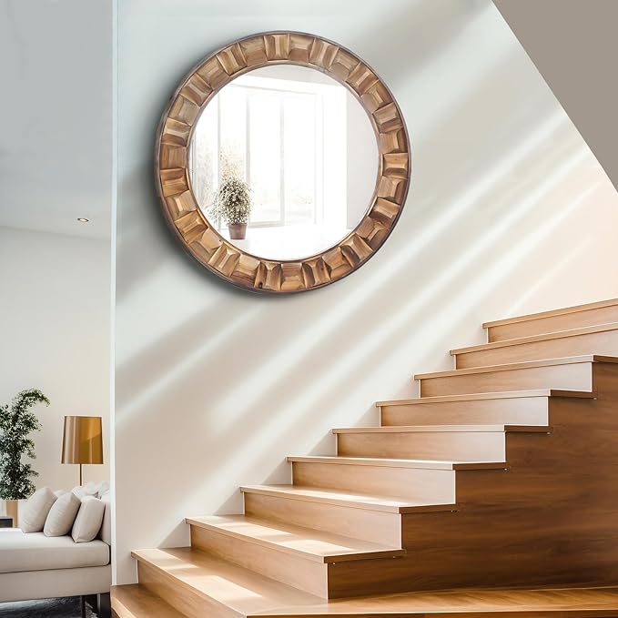 30 Inch Round Wood Mirror for Wall, Circle Decorative Mirror with Solid Wood Frame, Rustic Hanging Mirror for Bathroom, Entryway, Bedroom or Living Room