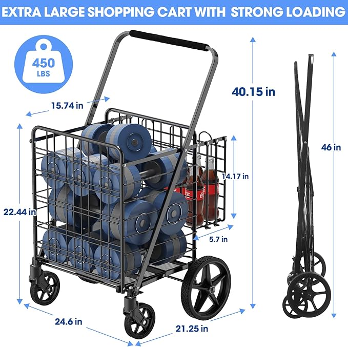 450lbs Capacity Shopping Cart,Upgrade Huge Grocery Cart on Wheels,Heavy Duty Foldable Utility Shopping Carts with Double Basket and 360° Rolling Swivel Wheels for Groceries Laundry Transport 1