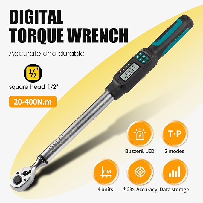 Heavy-Duty 1/2-Inch Drive Digital Torque Wrench, 15-295 ft-lb (20-400 Nm), ±2% Accuracy - High-Torque Electronic Wrench with Buzzer & LED Alerts, Adapters for Truck, Tractor & Farm Equipment