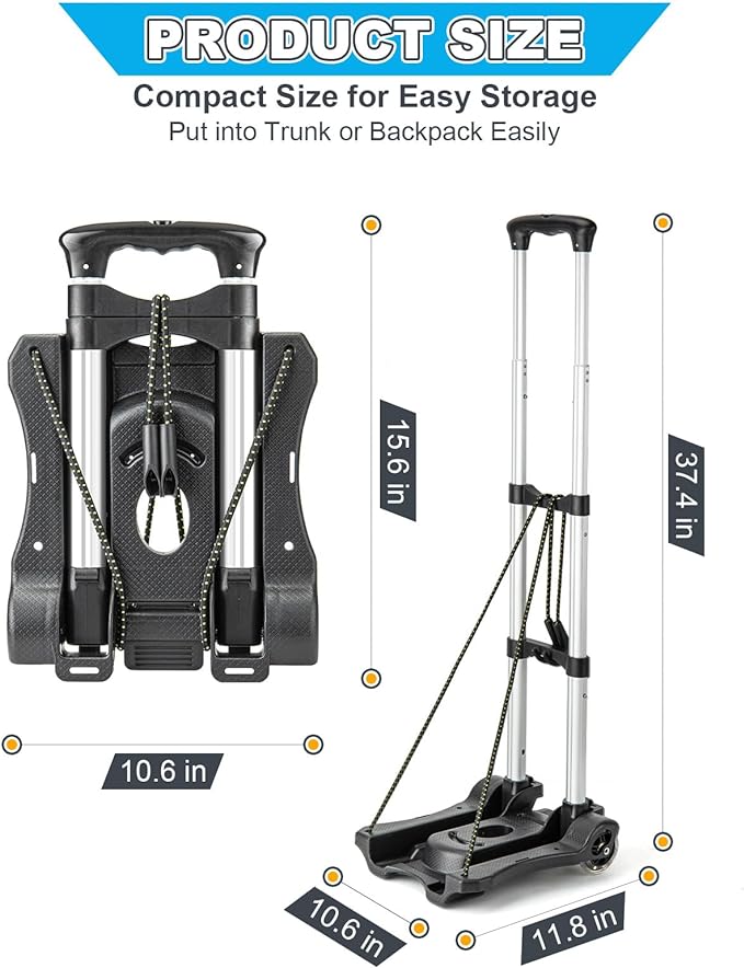 Small Folding Hand Truck Dolly with 2 Wheels, Lightweight Aluminum Foldable Luggage Cart, Collapsible Cart Portable Dolly for Airport Travel Moving Use
