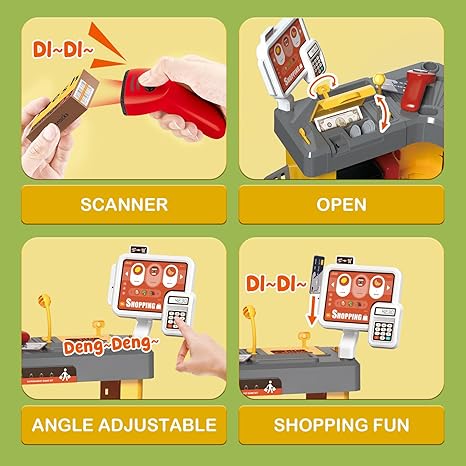 deAO Supermarket Playset for Kids with Working Scanner Register Toy Pretend Play,Kid Grocery Store Playset 54PCS Play Food Accessories,Christams Birthday Gift for 3 4 5 Kids Boys Girls