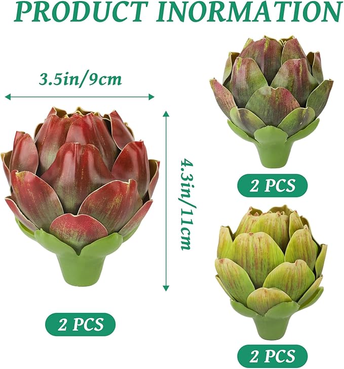 6Pcs Large Colorful Artificial Artichokes Fake Vegetables Faux Artichokes for Wedding, Party, Home, Kitchen, Table Decorations