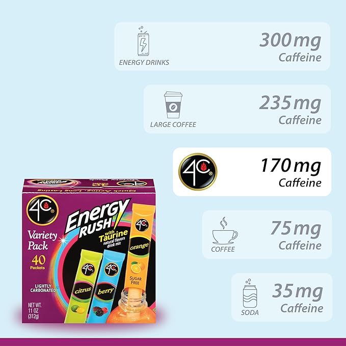 4C Energy Rush Stix, Variety 1 Pack, 40 Count, Single Serve Water Flavoring Packets, Sugar Free with Taurine, On the Go Bundle (20 Berry, 10 Orange, 10 Citrus)