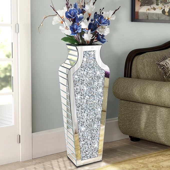 Floor Crushed Diamond Mirrored Vase 27" Tall, Crystal Silver Glass Decorative Mirror Large Size Luxury for Home Decor. Can't Hold Water.