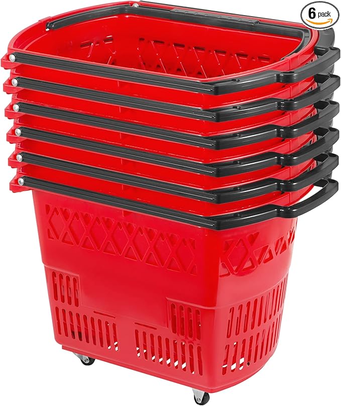 Mophorn 6PCS Shopping Carts, Plastic Rolling Shopping Basket with Wheels, Red Shopping Baskets with Handles, Portable Shopping Basket Set for Retail Store