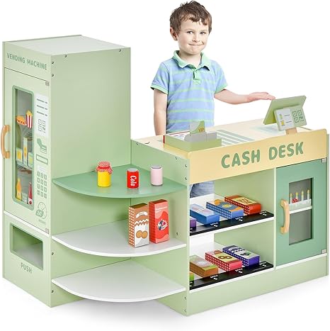 Costzon Pretend Grocery Store Playset, Wooden Supermarket Toy Set for Kids with Chalkboard, Cash Register, Vending Machine, Play Food Accessories, Toddler Play Store, Gift for Boys & Girls, Green