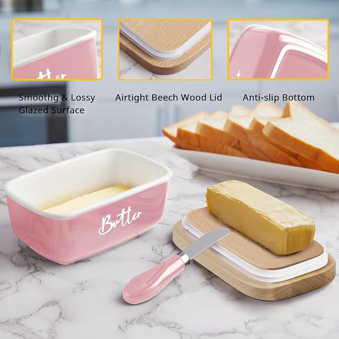 ALELION Pink Butter Dish with Lid and Knife for Countertop - Airtight Ceramic Butter Container with Thick Acacia Wood Lid for Counter - Pink Kitchen Decor and Accessories