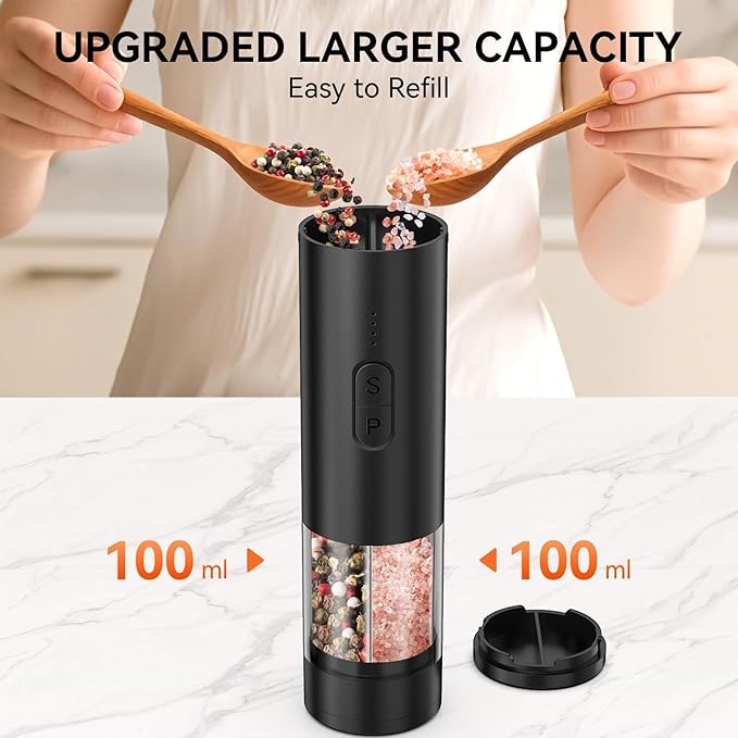 2 in 1 Electric Salt and Pepper Grinder Set, USB Rechargeable, Automatic Salt and Pepper Mill Shakers with LED Light, Battery Display, Adjustable Coarseness, Ideal for Kitchen Outdoor BBQ Gift