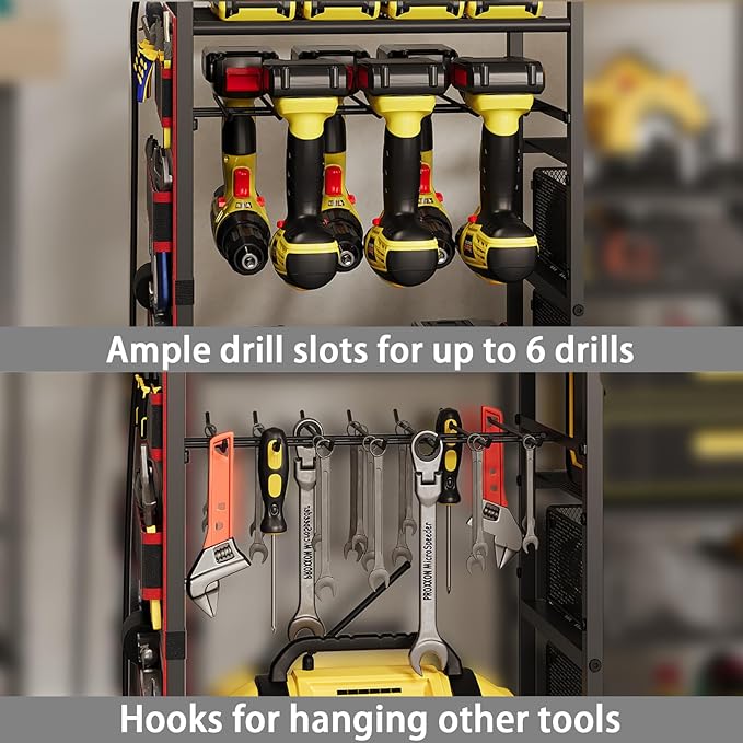 Large Power Tool Organizer Cart with Charging Station, 6 Slots for Cordless Drill Holder with Drawers, Rolling Storage Cart with 8 Power Outlet Heavy Duty Garage Organizer with Wheels Gift for Men