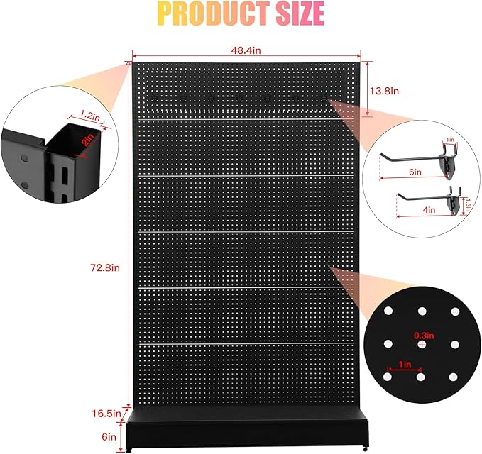 Eastern Tree Pegboard Display Stand, 4x6.5 Feet Gondola Retail Shelving Wall Display for Convenient Grocery Office Supply or Retail Stores, Standing Peg Board Display Rack with 30 Hooks