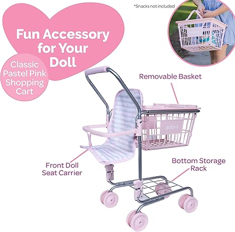 Adora 2 in 1 Mini Shopping Cart with Baby Doll Seat Carrier, Pretend Play Toy Accessories for Dolls up to 16 Inch, Includes Removable Hand Basket and Bottom Rack Storage - Classic Pastel Pink