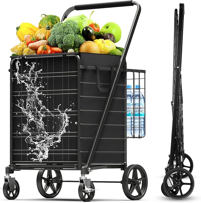 Folding Shopping Cart for Groceries with Braked Rolling Swivel Wheels - Extra Large Heavy Duty Grocery Cart with Double Basket & Removable Waterproof Liner, Upgraded Laundry Utility Cart