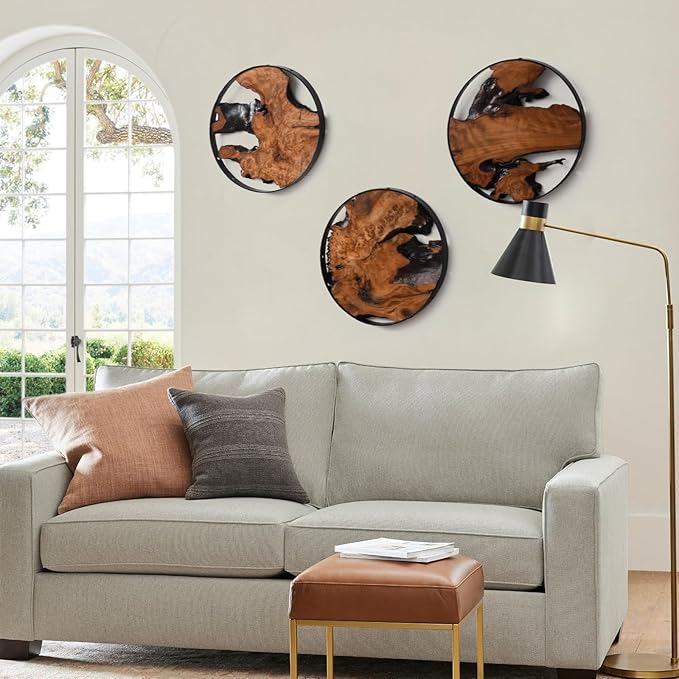 WELLAND 3 Pieces Round Cedar Wood 11.81" L x 0.87" W x 11.81" H Wall Decoration Ornaments, Hanging Decoration for Home Office, Living Room, Bedroom, Bathroom, Dining Room, Entryway