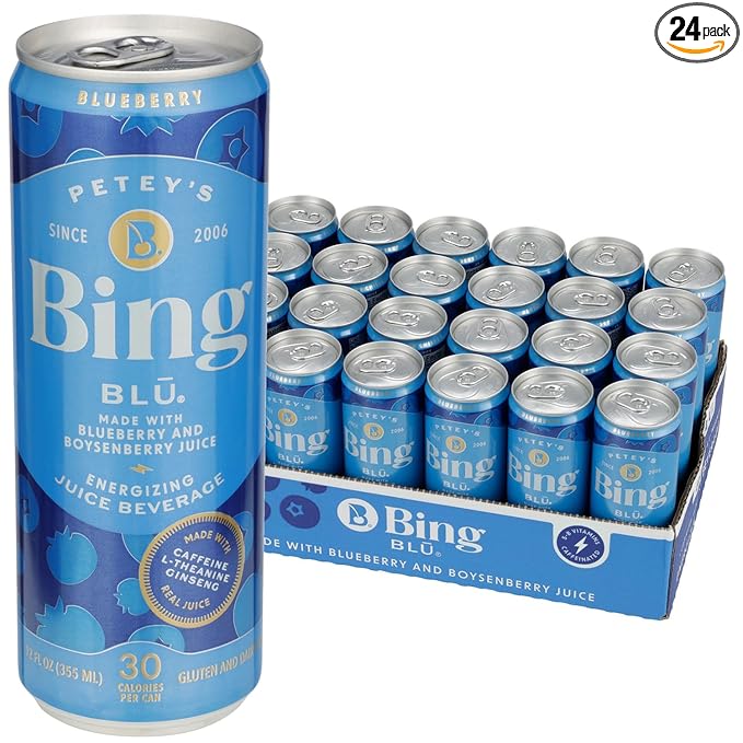 BING BLUEBERRY Energizing Juice Beverage – (12oz/24pk) – Made with REAL Juice! Only 2g added Sugar, Low Calorie; L-Theanine, 5 B-Vitamins & Ginseng; 125 mg Caffeine; Vegan, Gluten + Dairy Free. DELICIOUS