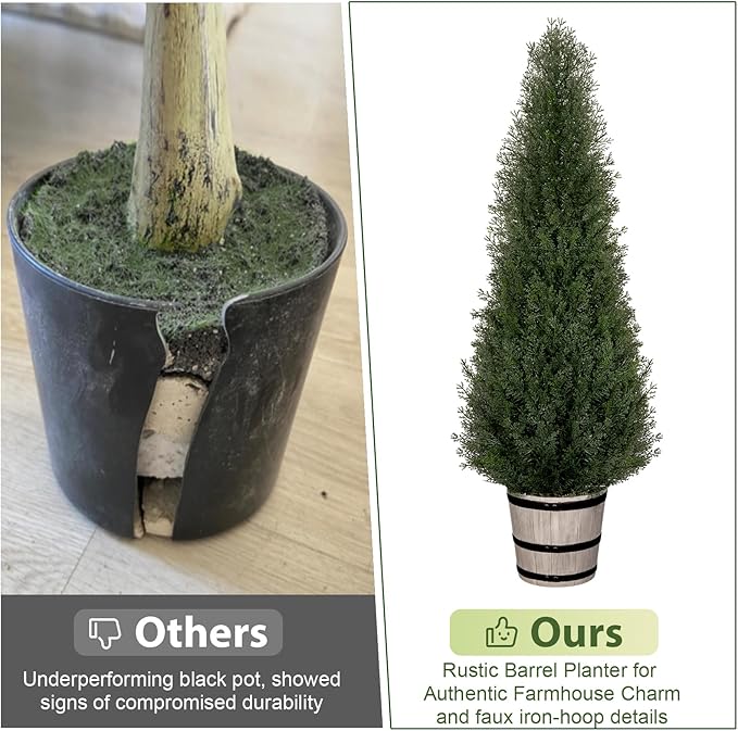 2Pack 3ft Outdoor Artificial Cedar Topiary Trees - Faux Pine in Distressed Oak-Look Planters, for Symmetrical Porch & Entryway Decor