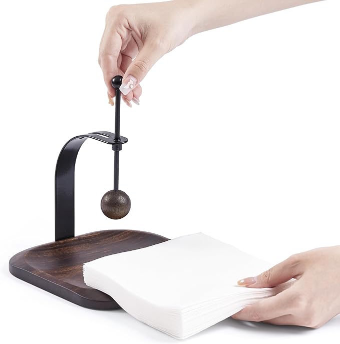 Napkin Holder - Windproof Design with Gravity Ball, Multifunctional Tissue Tower & Serving Tray for Outdoor/Indoor, Fits 6.5"-7" Napkins & Toilet Paper Rolls Warm Gift Idea (Rain Tree Wood)