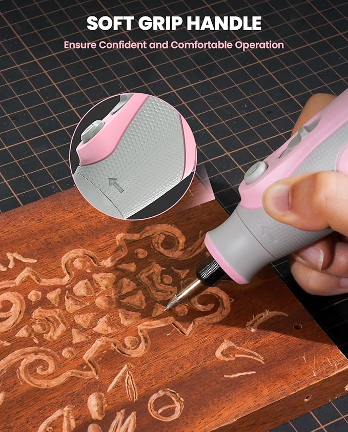 Rotary Tool, Mini Cordless Rotary Tool with 5-Speed, 25 Upgraded Accessories for Engraving, Carving, Sanding, Polishing, Cutting – Ideal for Crafts, DIY and Pet Nail Grooming, Pink