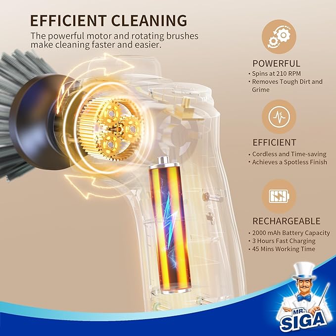 MR.SIGA Electric Spin Scrubber for Kitchen and Bathroom Cleaning, Waterproof Rechargeable Cordless Spin Scrubber with 5 Replaceable Cleaning Brushes and Pads