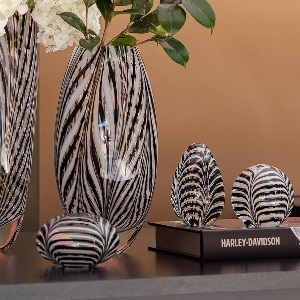 Ca D Oro Murano Style Glass Vase Black and White Feather Pattern Hand Blown Art Glass for Flower, Room Decoration and Centerpiece - Model 54 MS