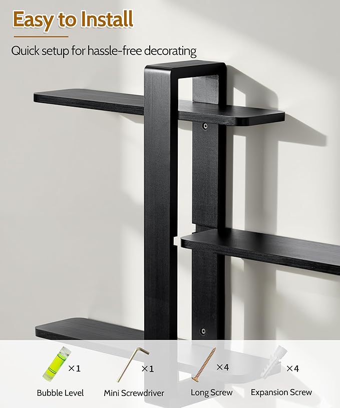 SUMGAR Black Floating Shelves for Wall Mounted Shelving Unit All Pine Wood 3 Tier Large Shelf for Bedroom Living Room Office Bathroom Home Decoration Storage Plant Photo Display Modern 20in