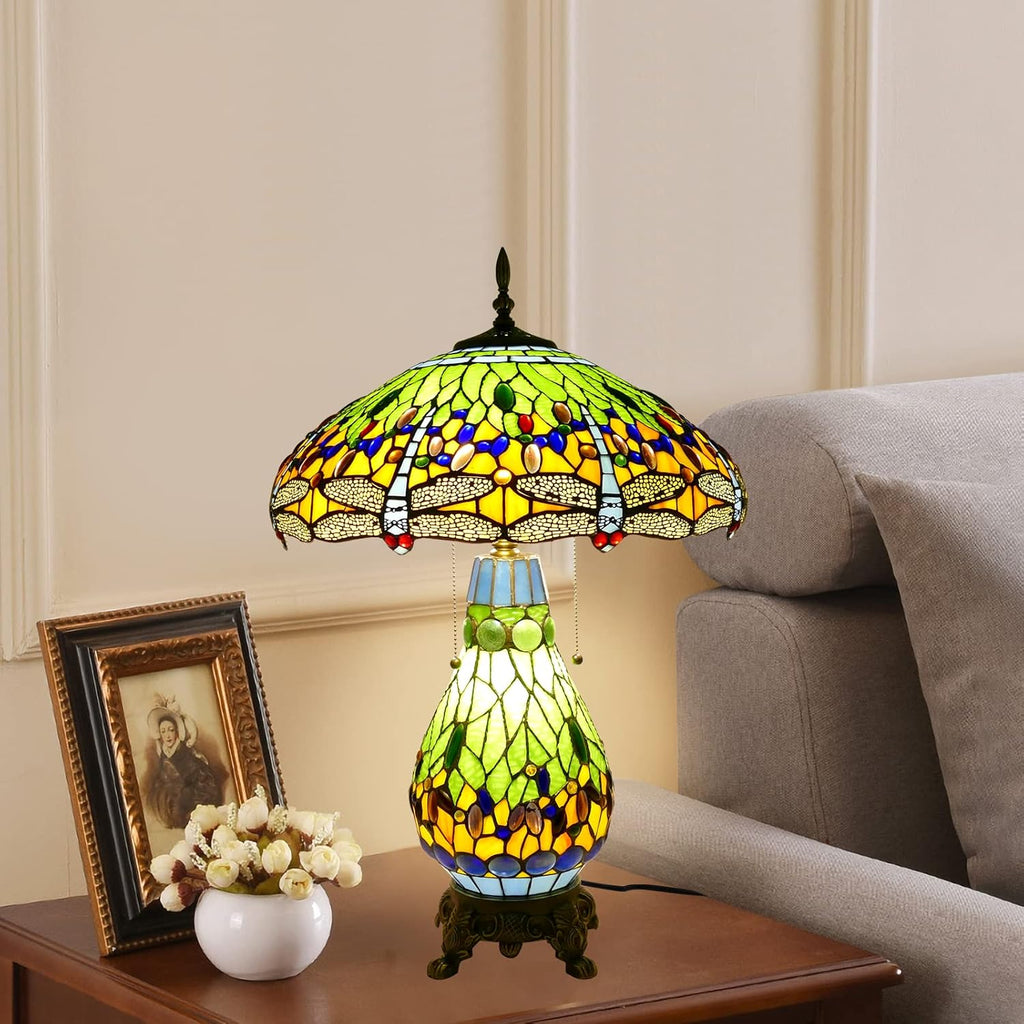 Tiffany Style Table Lamp Green Dragonfly Tiffany Lamp Handmade Stained Glass Lamp 18x18x27 Inches Desk Reading Light for Bedroom Living Room Home Office Decoration, LED Bulb Included