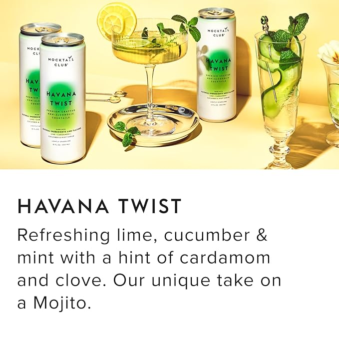 Mocktail Club Havana Twist Non-Alcoholic Sparkling Craft Cocktail - 12x12 Oz Cans | 80 Calories, Non-GMO, No Artificial Ingredients, Gluten Free, Vegan | Lime, Cucumber & Mint Shrub with Cardamom