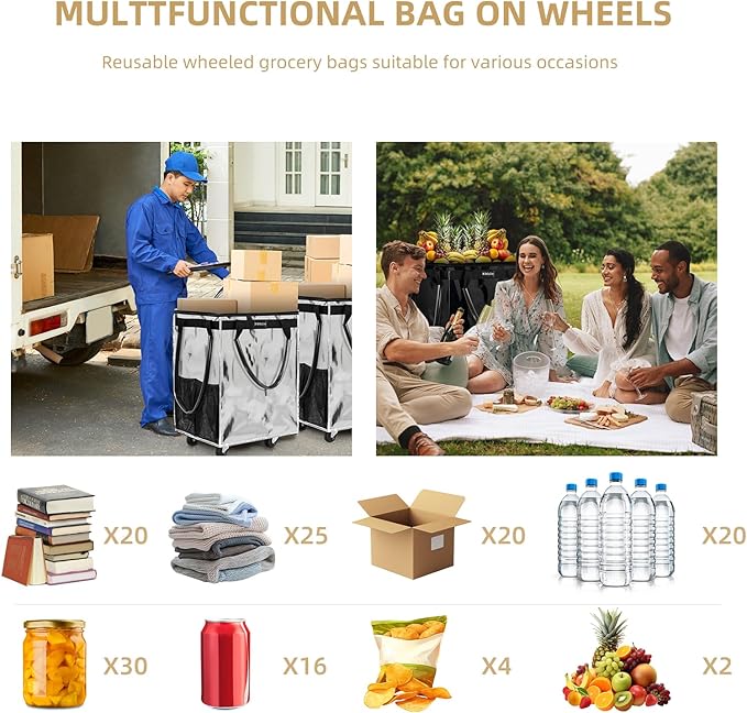 (Large,Silver) Reusable Grocery Bag on Wheels, Foldable Rolling Tote Carries Up to 76lb Shopping Trolley,Rolling Bag with Handles,Zipper Clouser Rolling Tote Bag with Wheels for Trips, Laundry