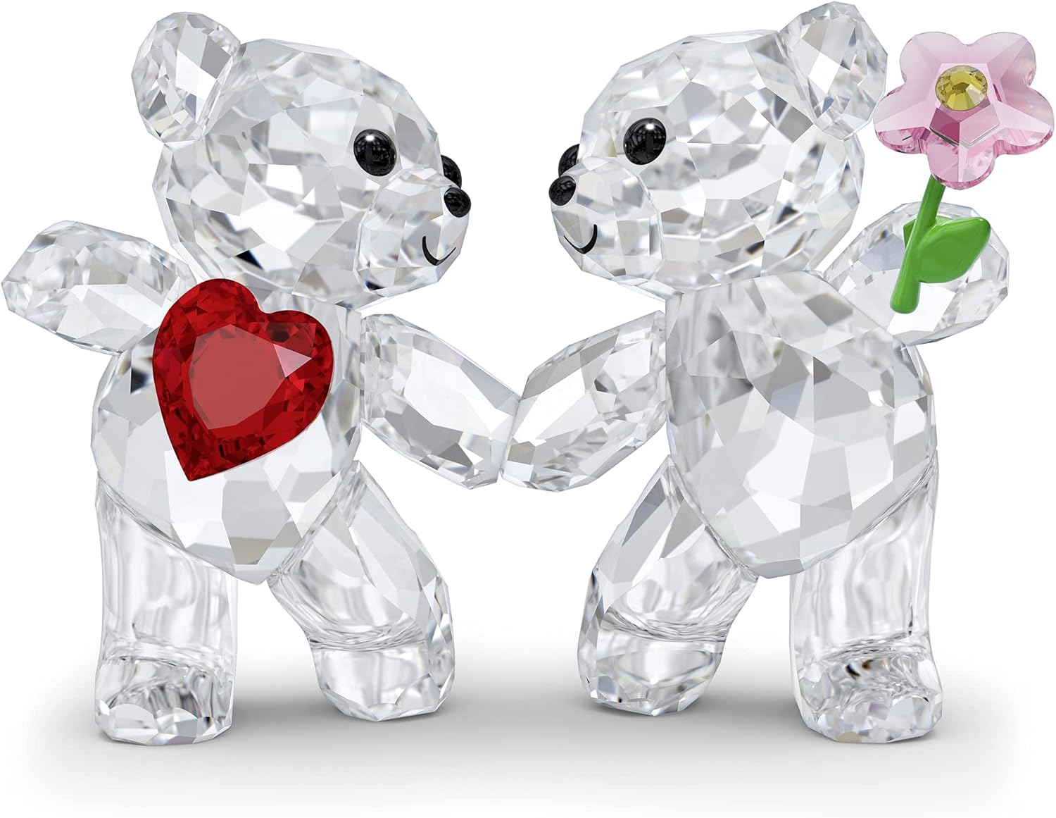 SWAROVSKI Kris Bears Happy Together Figurine Set, Clear Swarovski Crystal with a Red Heart and Pink Flower Accent, Part of the Swarovski Kris Bears Collection
