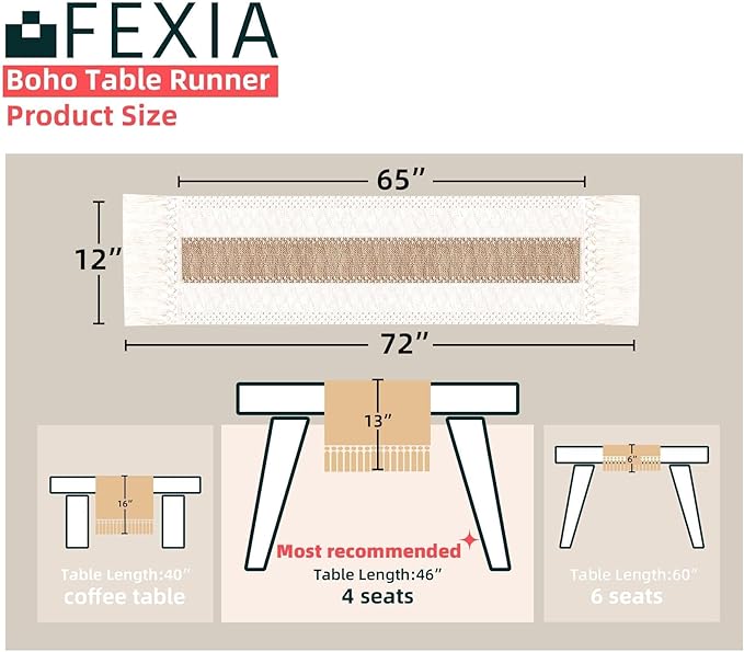 FEXIA Boho Table Runner for Fall Home Decor with Tassels 72 Inches Long Farmhouse Rustic Table Runner Macrame Burlap Table Decoration for Living Room Bridal Shower(12x72 Inches)