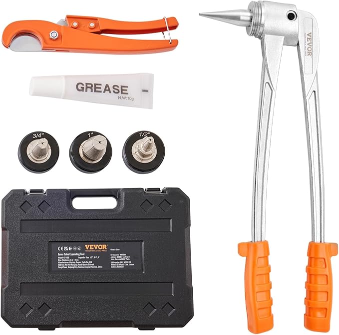 VEVOR Pipe Tube Expander, 1/2", 3/4", 1" OD PEX Tubing Expander, Professional Manual Lever PEX Tools Expander, with 3 Expansion Heads, Pipe Cutter for PEX Tubes