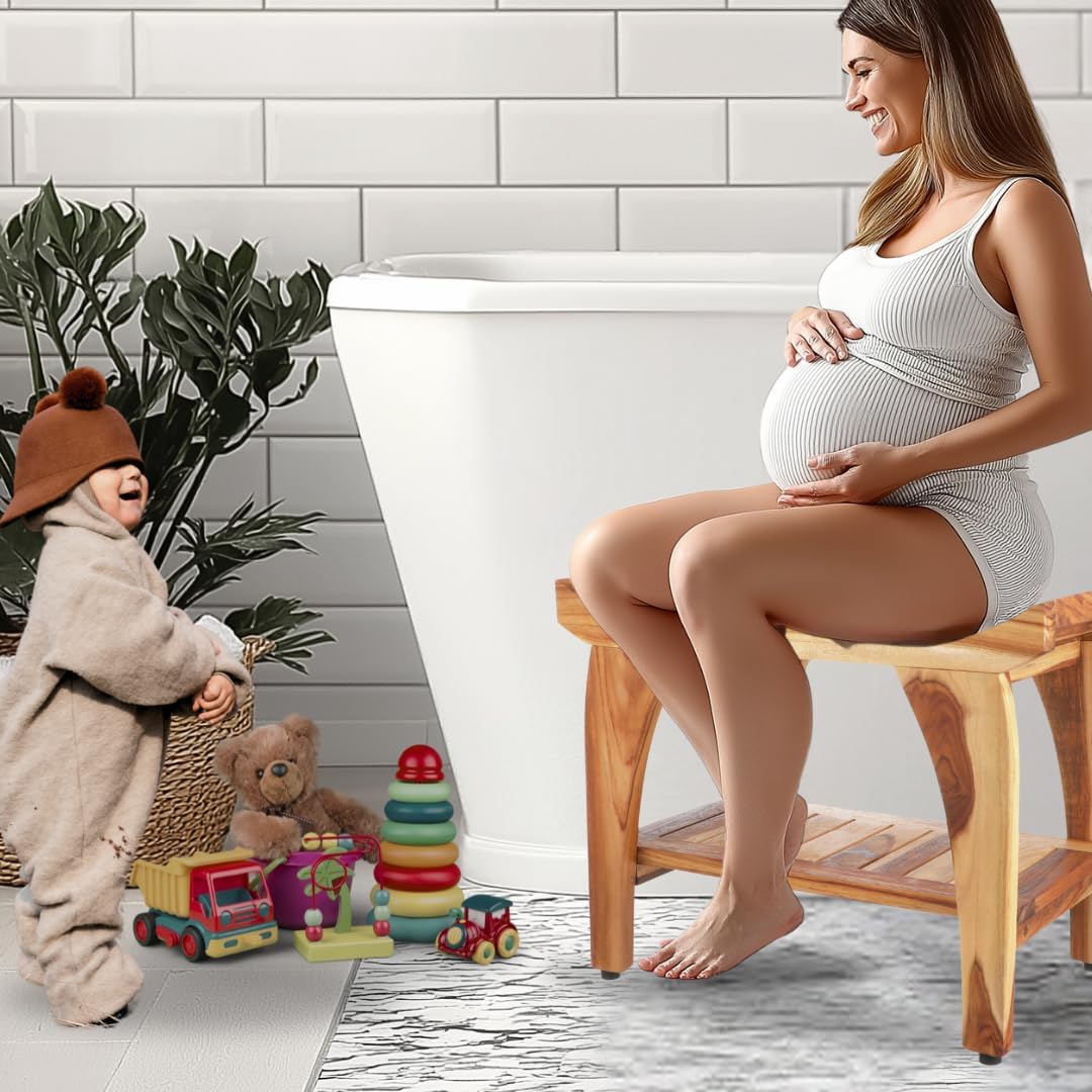 EcoDecors 24 Inch Tranquility Natural Color Waterproof Teak Wood Shower Bench Stool Seat Chair For Inside Shower Storage Shelf Provides Safety, Storage, and Organization For Bathroom Accessories