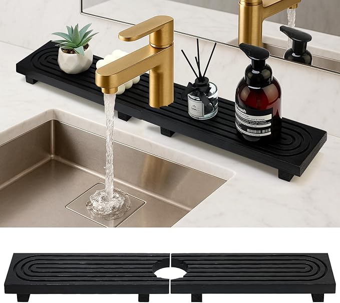 Large Kitchen Sink Faucet Mat Black Wooden Bathroom Tray Faucet Splash Guard Protectors for Kitchen Sink Counter Accessories Wood Risers Pedestal Stand Sink Drip Catcher Around Behind Faucet Mats