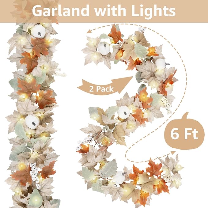 Neutral Fall Garland for Mantle Fireplace - 2 Pack 6Ft Outdoor Autumn Leaves Decor for Home Front Door with Pumpkins Indoor Maple for Farmhouse Table Stairs Porch Halloween Thanksgiving Decorations