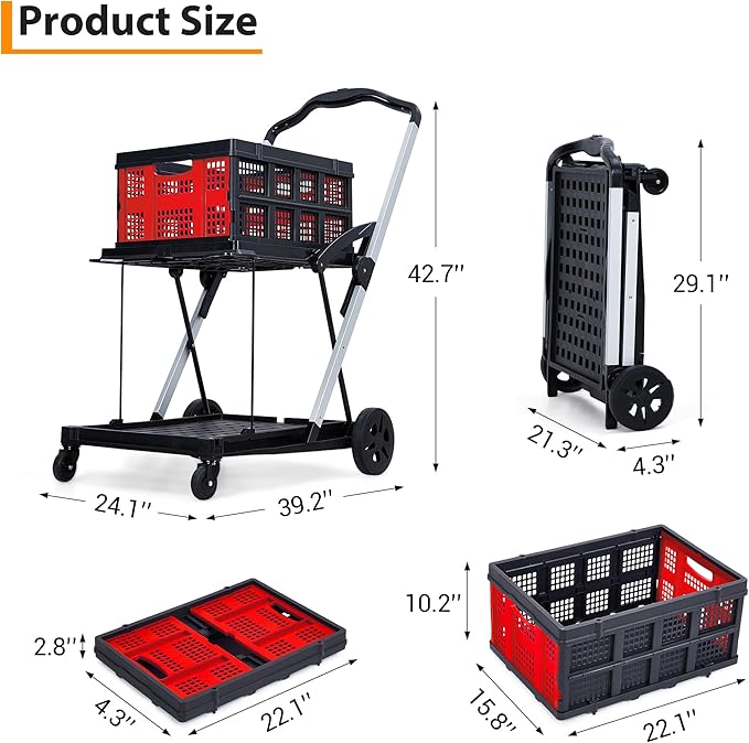 Garvee Foldable Shopping Cart for Groceries, 2-Tier Collapsible Utility Carts with Wheels & Removable Storage Crate, Aluminium & PP, Portable for Supermarket & Home Use, Red