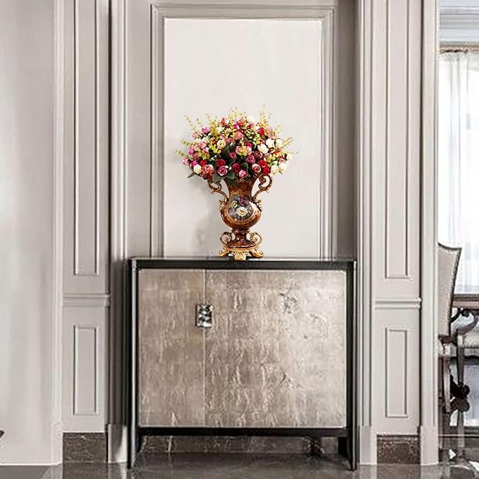 Artificial Vintage Flower Arrangement Vase Set European Golden Resin Vase Fake Flower Decor Wedding Party